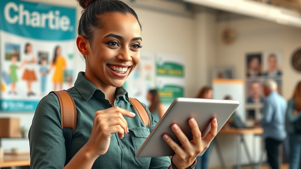 engaged nonprofit volunteer using a tablet to share nonprofit digital marketing success story online in a colorful workspace