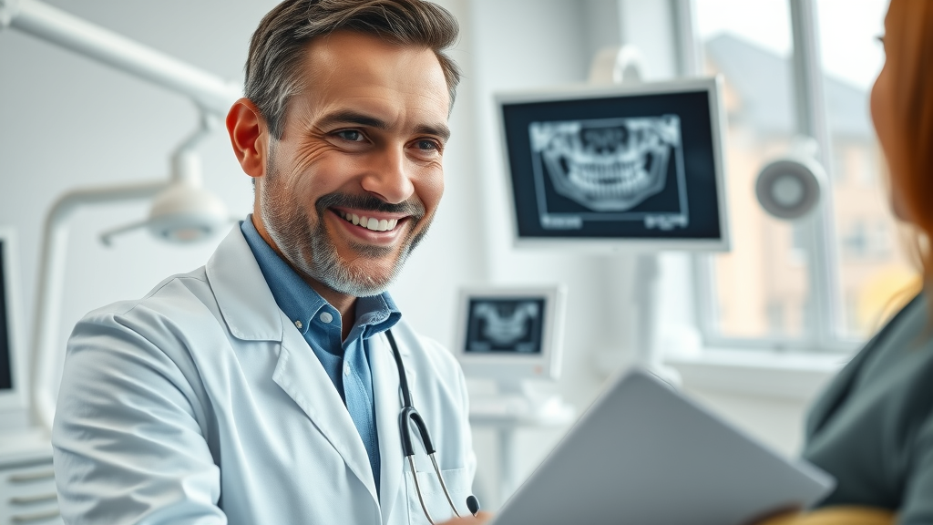 Dentist explains digital dental scan to patient in advanced dental office.