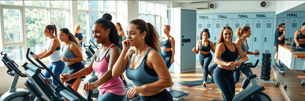 Diverse women working out in a modern women only gym, bright spacious interior.
