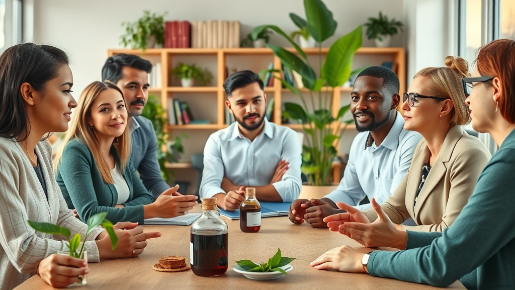 group discussing adaptogens for daily stress management in bright office