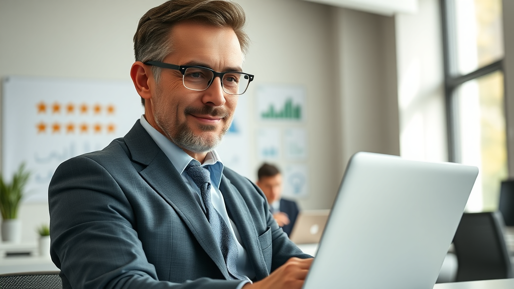 authoritative business professional confident reading positive online reviews SEO for reputation management modern office