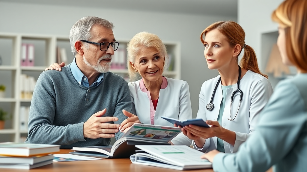 thoughtful senior couple consulting with a registered dietitian about heart attack, diabetes, and superfoods, modern medical office