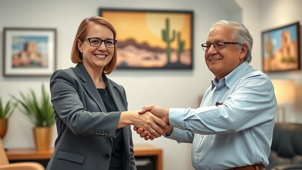 Estate planning notary Arizona congratulating client handshake, successful estate plan completion