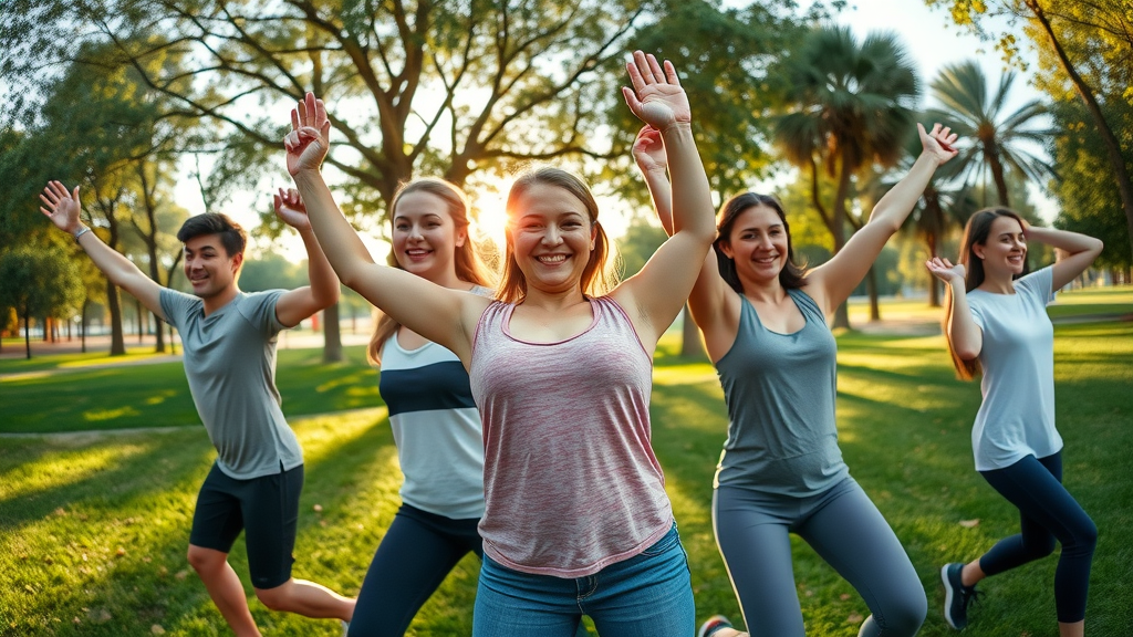 fitness and exercise, healthy individuals practicing outdoor exercises in a sunlit park