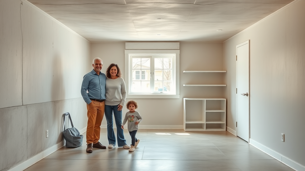 Restored basement wall with happy family highlighting leak-free results.