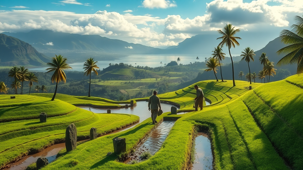 Serene ahupuaʻa system with farmers tending ancient irrigation channels among mountains and ocean, sustainable Hawaiian resource management