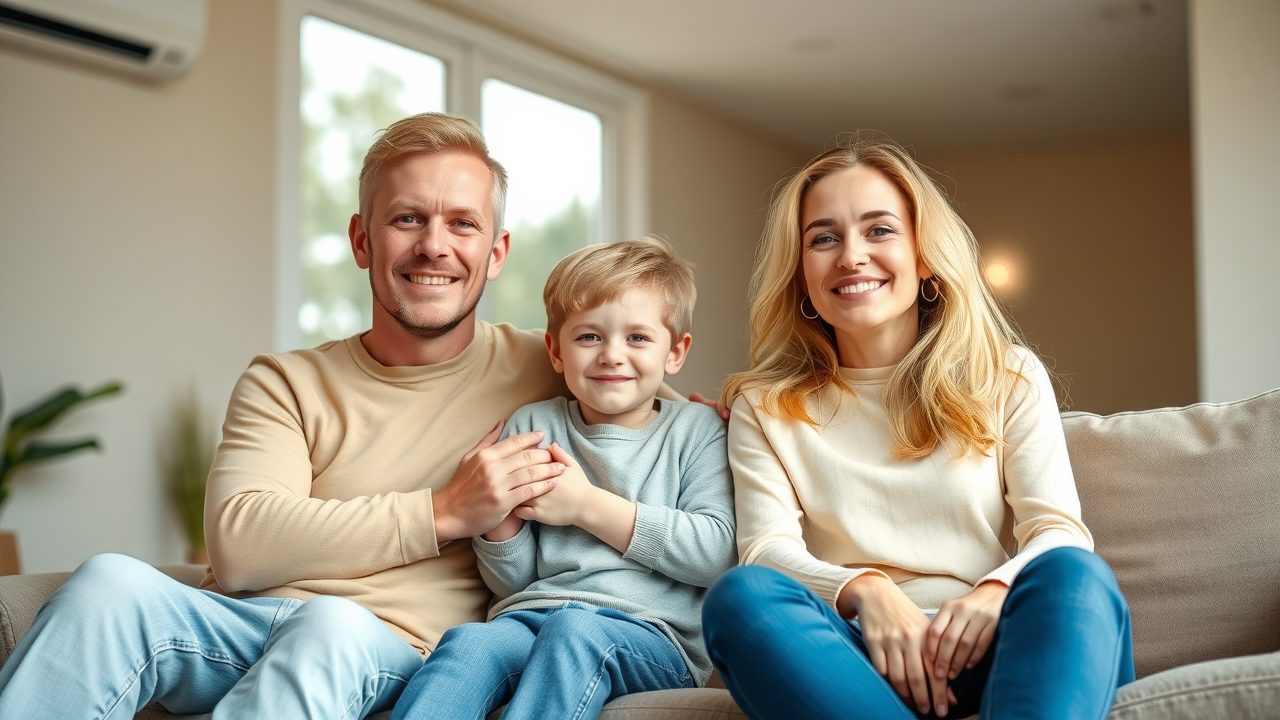 Happy Houston family relaxing comfortably indoors with visible AC vent, AC Service Houston smart plan