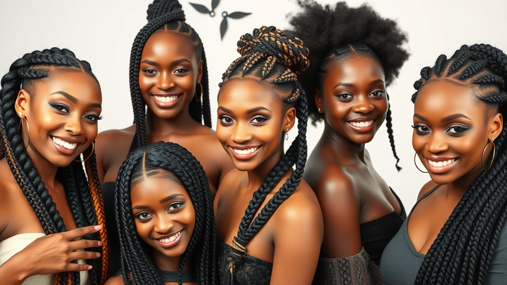 hair braiding in Olongapo - elegant display of box braids, cornrows, twists, and crochet braids, models with natural hairstyles, studio scene