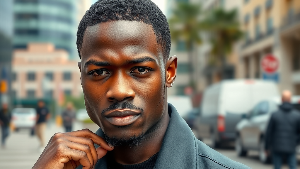 Trendy Black man with invisible knots hair replacement system and sharp hairline. Modern non-surgical hair replacement for mens of color.