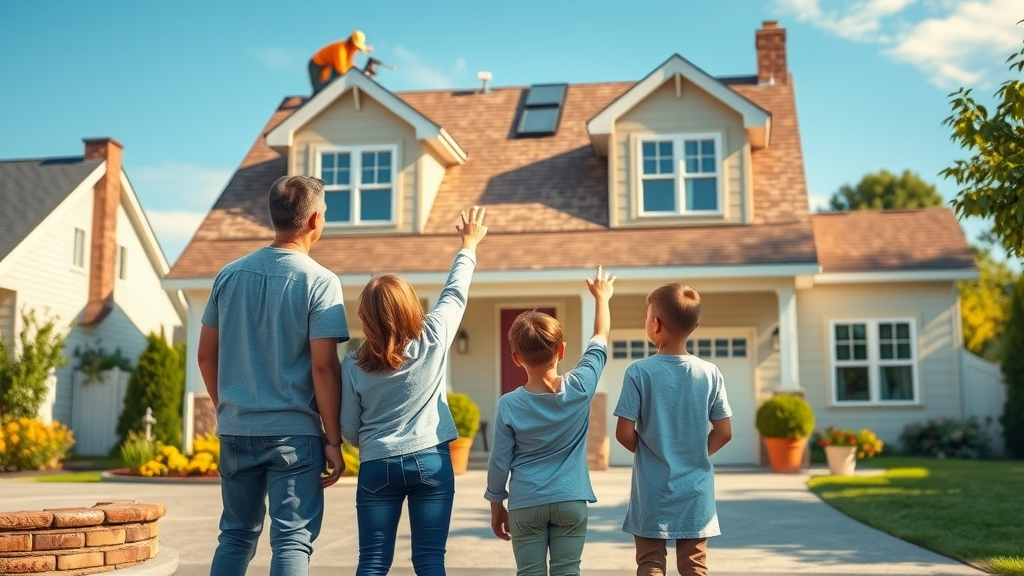 Family watching roofer maintain home, ensuring roofing protection and safety.