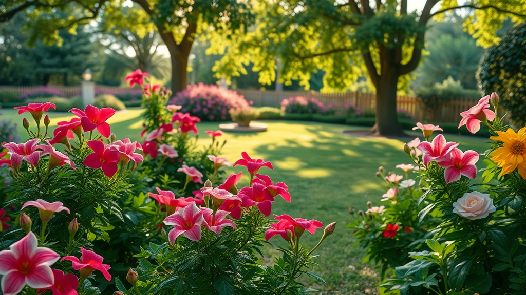Lush garden landscape with vibrant blooming flowers in a sprawling backyard, Home and Garden transformation
