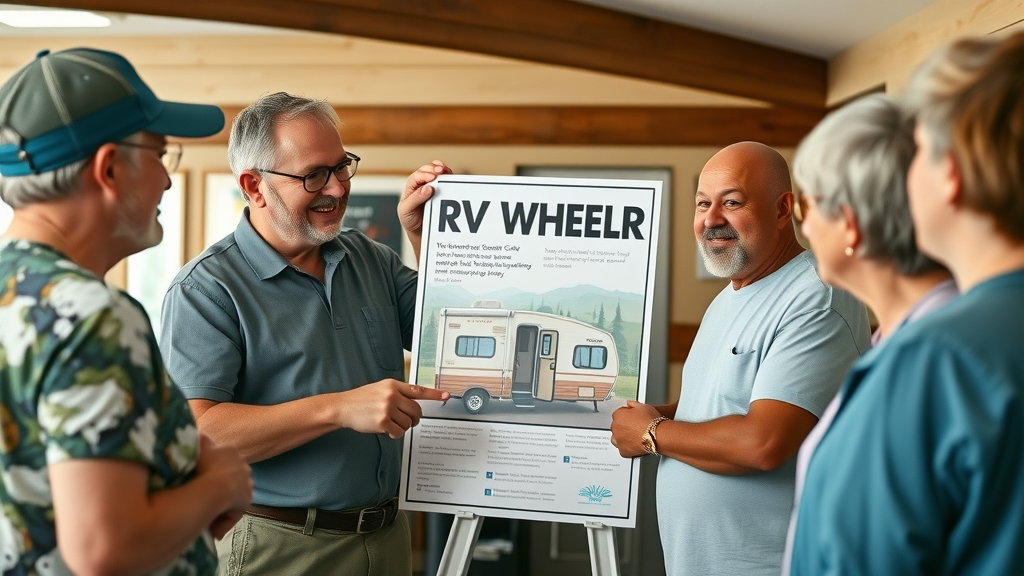 Friendly campground staff explaining RV Wheeler poster to campers in campground lobby