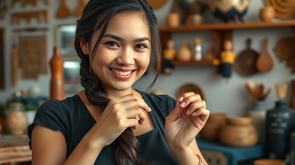 inspirational Filipino female stylist expertly creating intricate braid in a decorated salon with local crafts, precise and gentle handwork, shot on a Nikon 85mm lens.