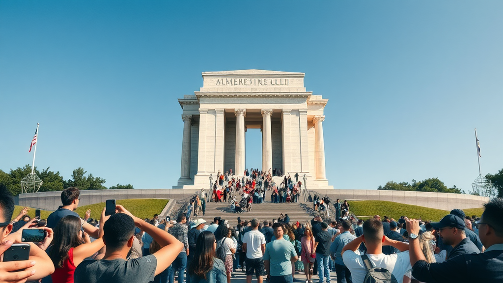 iconic American tourist attraction, bustling monument in united states, drawing large crowds, photorealistic, people taking photos