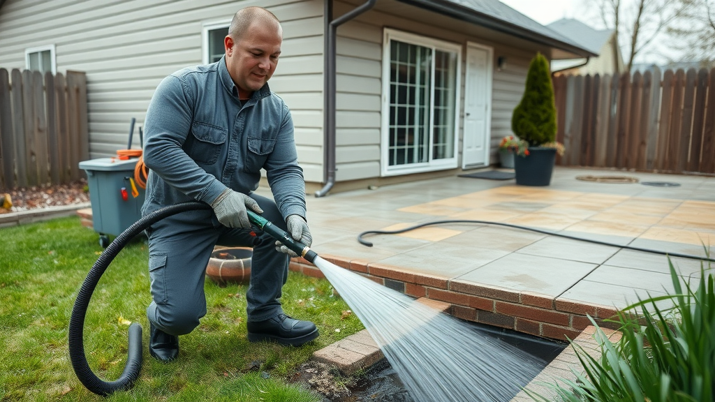 Plumber demonstrating hydro-jetting benefits cleaning outdoor drain system