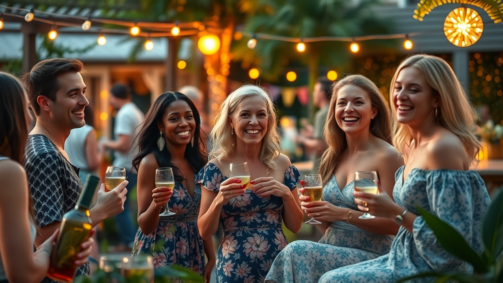 Vibrant garden party with friends socializing in a decorated backyard, Home and Garden celebration