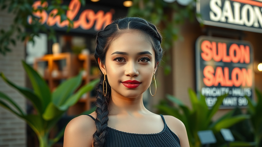 Elegant Filipino woman with expertly braided hairstyle, proud expression, standing in front of a stylish Orlongapo salon, lush greenery and modern signage in background, deep rich colors, golden hour lighting