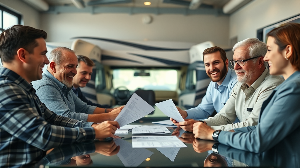 RV dealers and peer-to-peer RV sales experts collaborating in dealership meeting