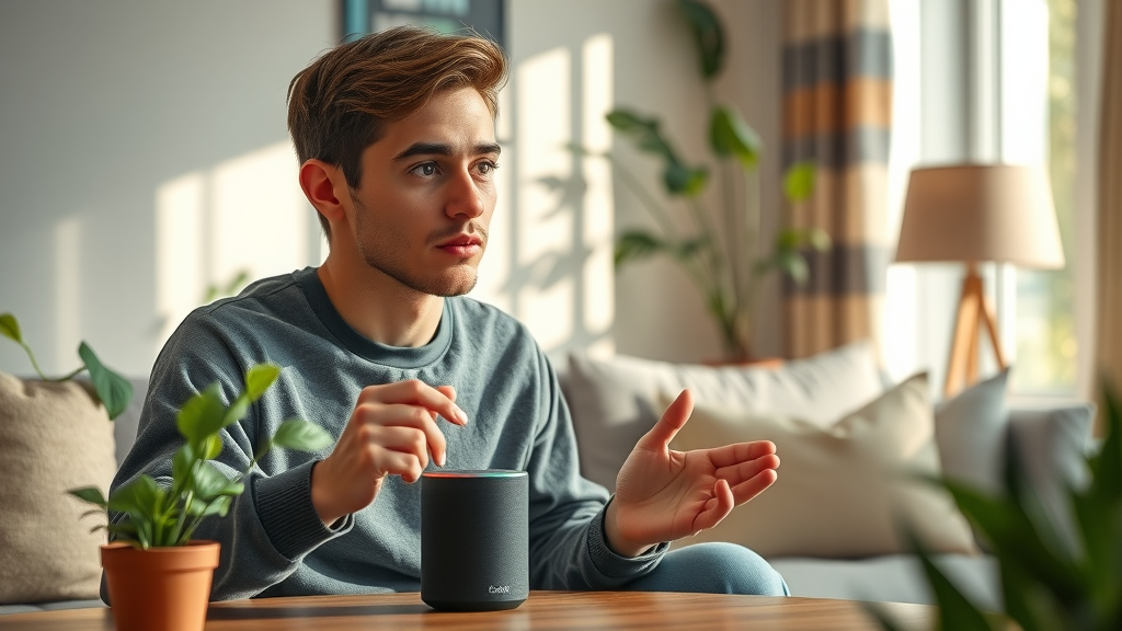 young adult using voice search for local seo strategies in living room