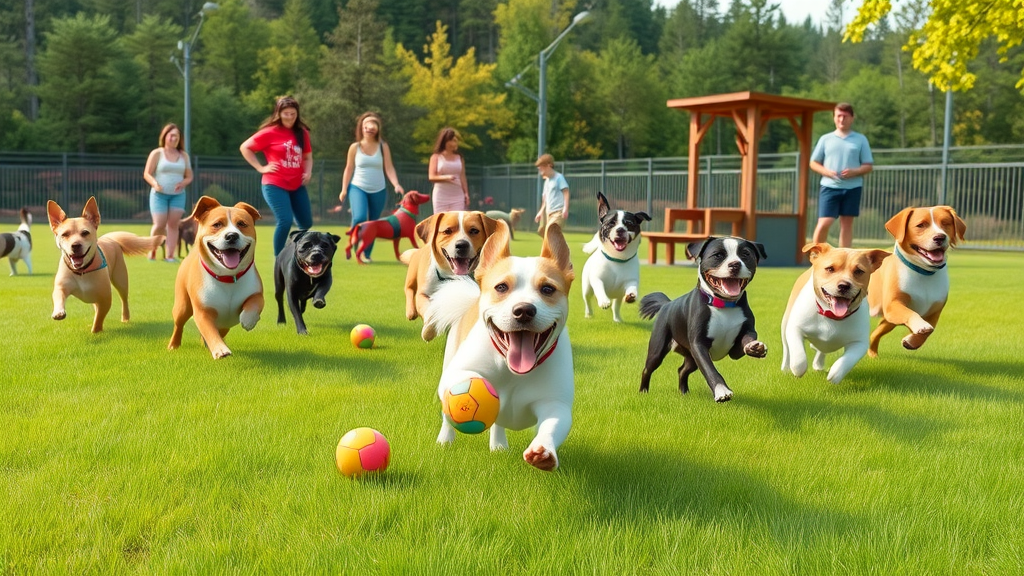 Dog-friendly hikes Central Oregon - dog park with several dogs playing and owners watching in forested area