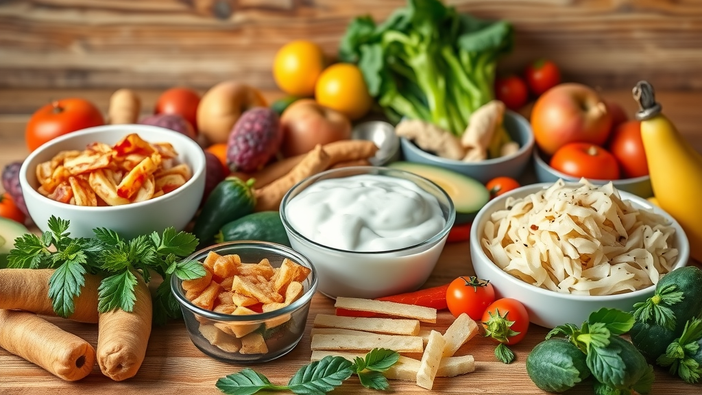 Colorful flat lay display of healthy fiber-rich and fermented foods, bowls of yogurt, kimchi, sauerkraut, fruits and vegetables, warm rustic kitchen counter, highly detailed