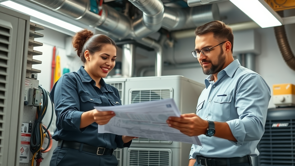HVAC repair team working together on modern air conditioning system