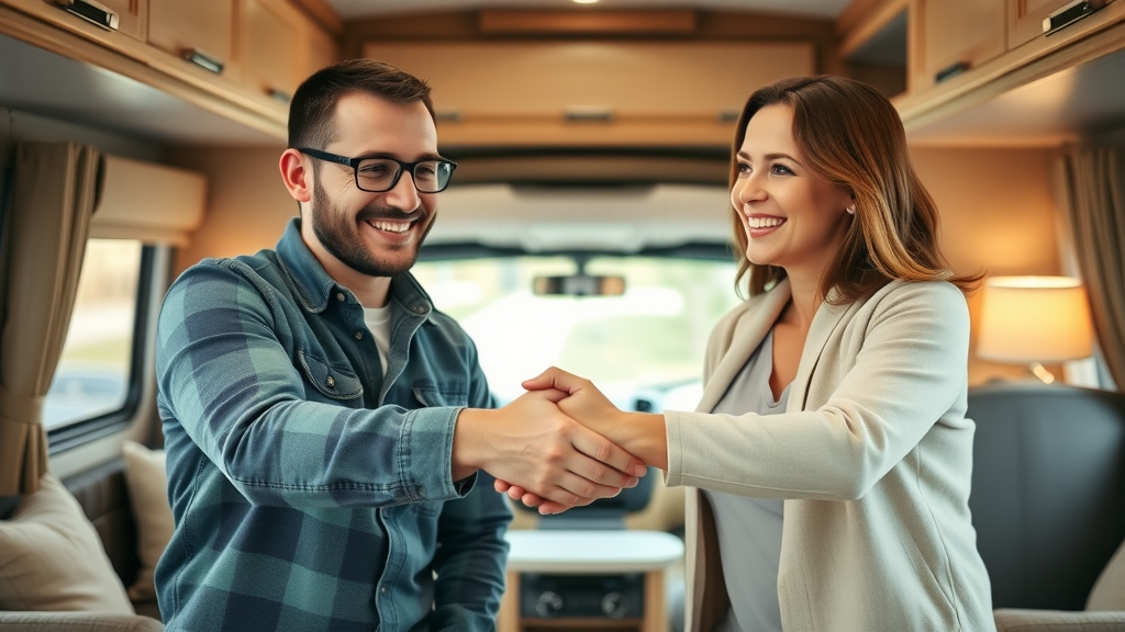 Private RV sales benefits shown by happy couple successfully closing an RV sale