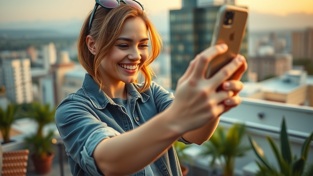 Influencer leveraging social media trends for maximum marketing impact with city rooftop backdrop