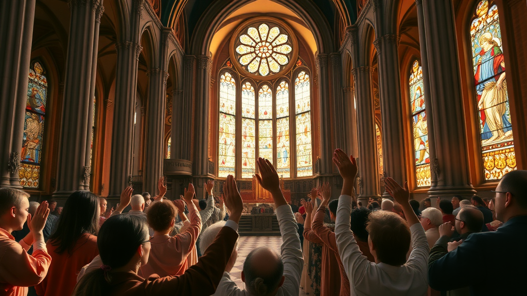 Pentecost worshippers in a majestic cathedral interior, inspired by the Holy Spirit, stained glass vibrant colors, raised hands in prayer