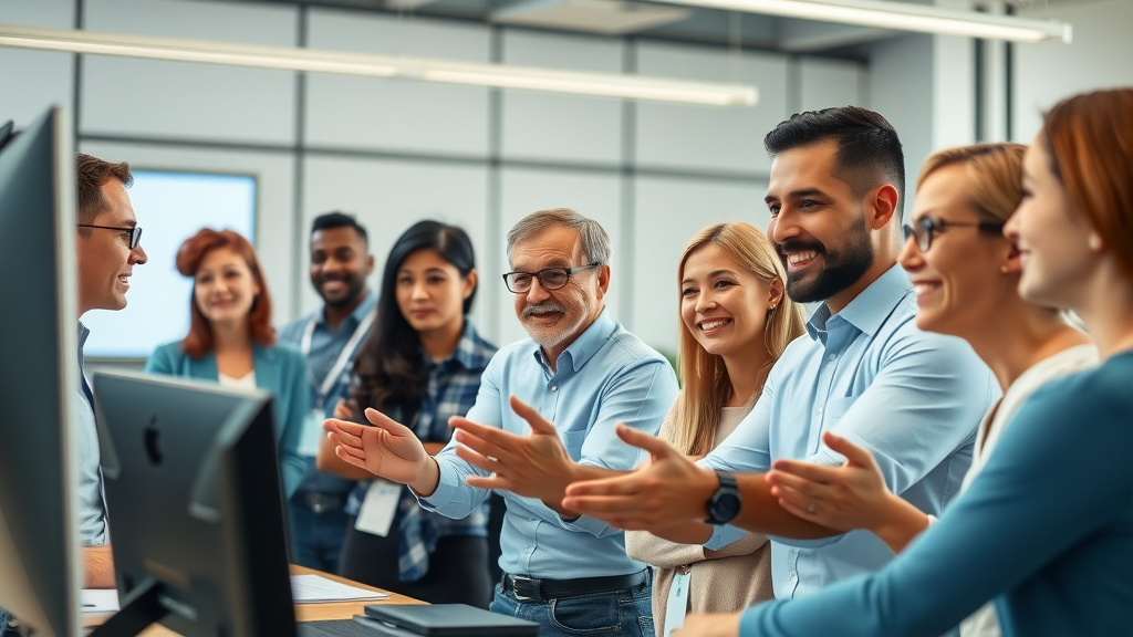 optimistic diverse group of adults in a modern classroom engaged in access to training