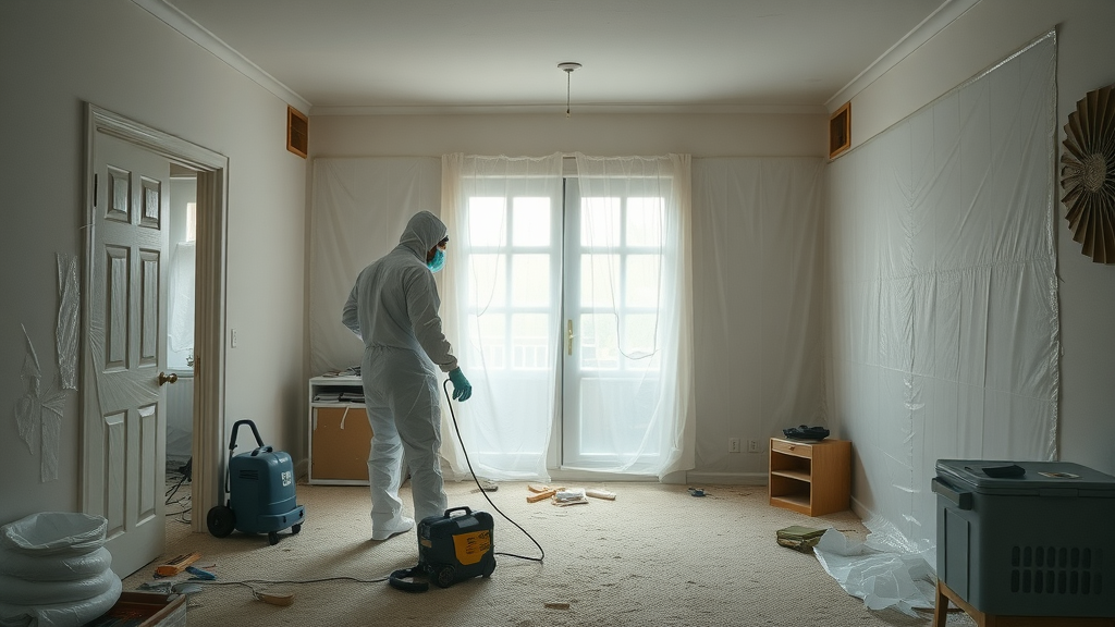 Professionals sealing off room for mold remediation services, protective setup.