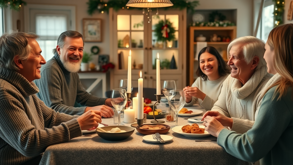 Scandinavian-American family gathered around a table, sharing a meal that showcases Minnesota lutefisk traditions, cozy winter décor and warm lighting creating a nostalgic scene.