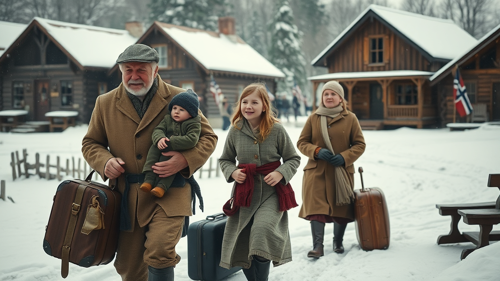 Historic Scandinavian immigrant family arriving in snowy, rustic Minnesota, a pivotal moment in the birth of Minnesota lutefisk traditions.