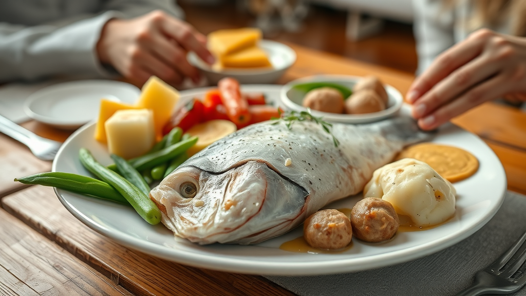 Closeup of a Minnesota lutefisk dinner plate, featuring steaming lutefisk with vibrant side dishes—lefse, boiled potatoes, green peas, mustard sauce, and Swedish meatballs.
