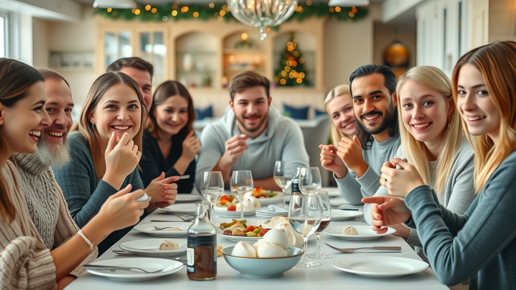 Diverse young adults tasting lutefisk for the first time in a modern, Scandinavian-inspired dining hall full of laughter and curiosity.