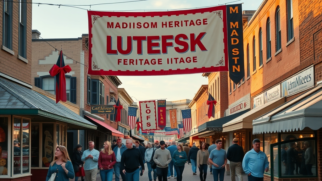 Charming small-town street in Madison, Minnesota, festively decorated with banners and crowds mingling to celebrate the town