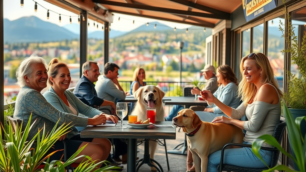 welcoming outdoor restaurant patio with happy people and their dogs, pet-friendly restaurants bend oregon, vibrant Bend Oregon cityscape and mountains
