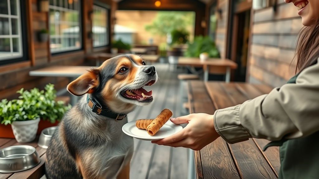 adorable dog getting special treat on restaurant patio, pet-friendly restaurant staff, rustic wood patio, dog bowls, bend oregon