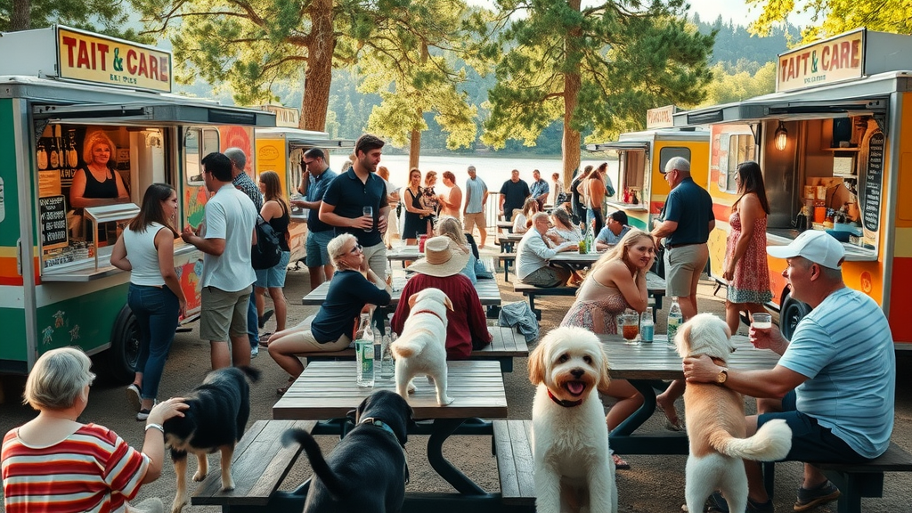lively food cart pod in bend oregon with people and dogs, food trucks, communal tables, deschutes river in background, pet-friendly restaurants bend oregon