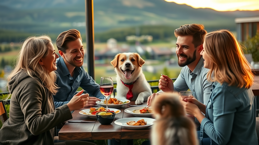 happy family with a dog at scenic pet-friendly restaurant bend oregon, mountain backdrop and greenery, outdoor dining