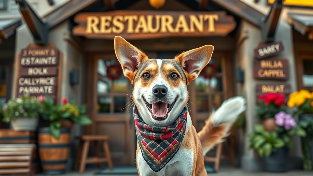 adventurous dog in bandana in front of rustic restaurant entrance bend oregon, pet-friendly vibes, happy expression