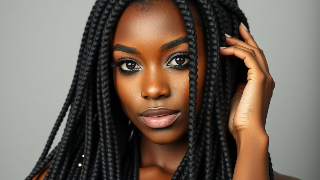 Close-up of elegant box braids and long flowing human hair extensions, displaying the texture of hair braiding and extensions.