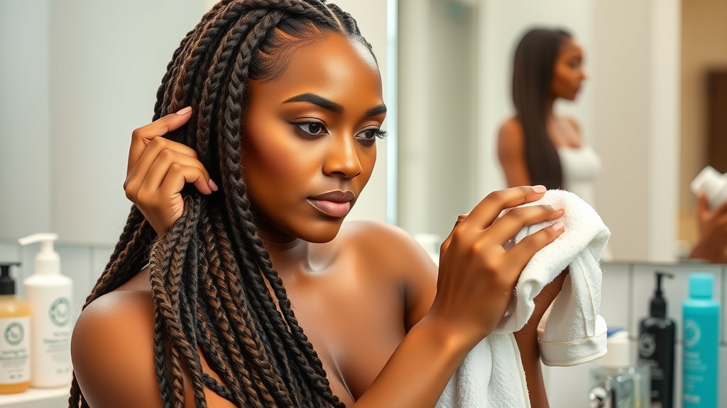 Model demonstrating a hair care routine for braids and extensions, maintaining shine and health.