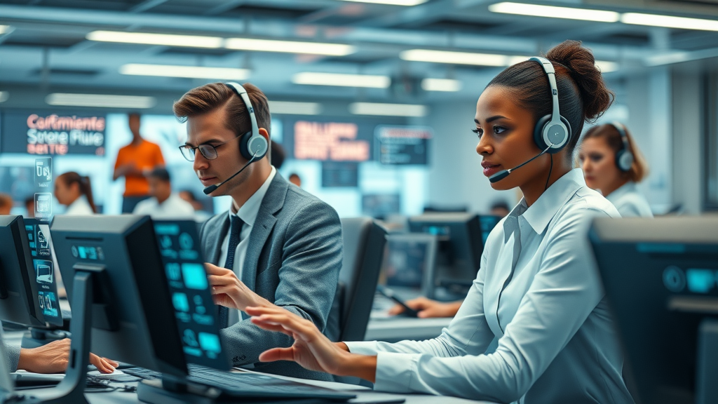 Futuristic AI customer service call center featuring ai voice agents for business-customer support-omnichannel