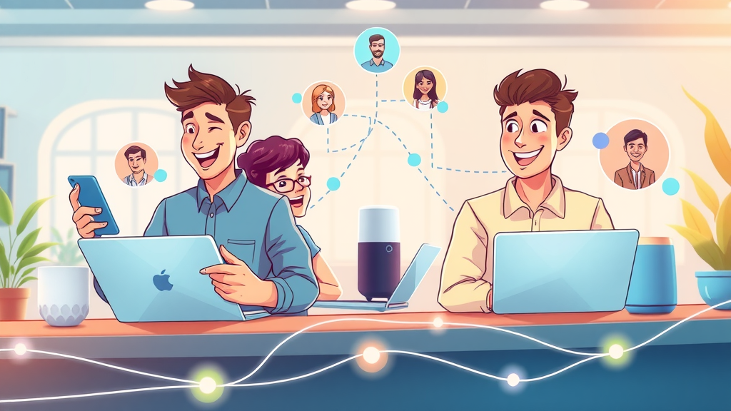 Illustration of customers interacting with AI voice agents across devices for omnichannel support