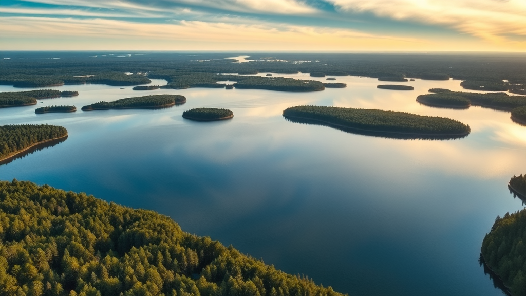 Aerial view of interconnected Minnesota lakes at dawn with tranquil forested background and sparkling blue water