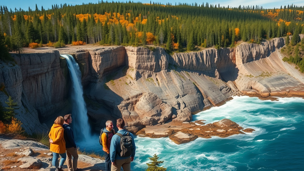 Dramatic rocky cliffs and waterfalls along Lake Superior