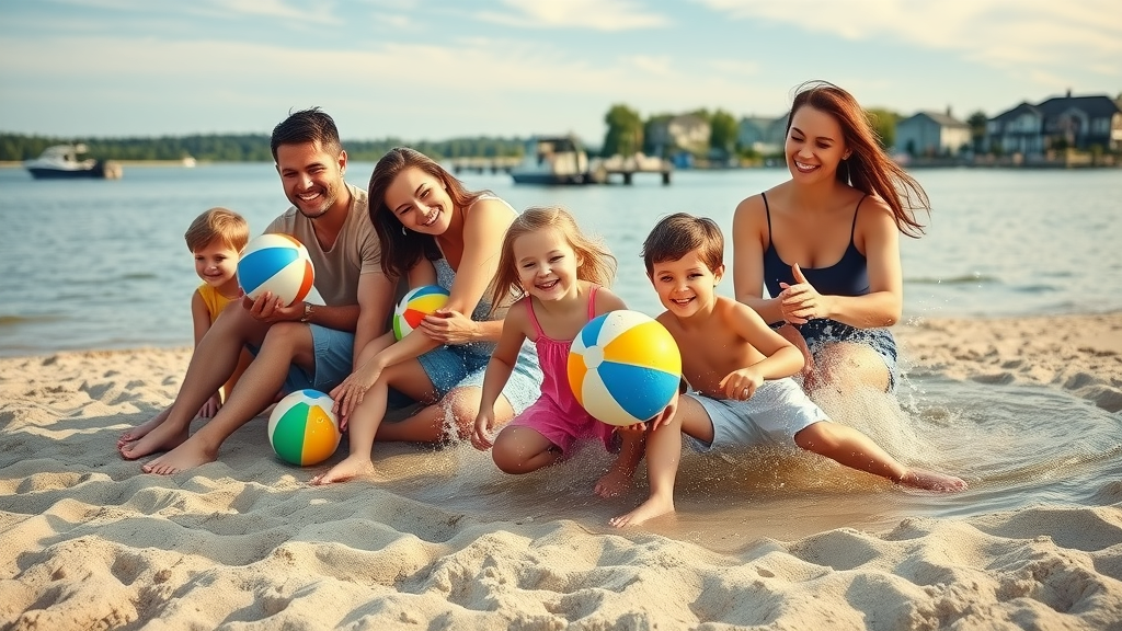Joyful families enjoying the sandy beach at Lake Minnetonka, waterfront homes and boats in the background