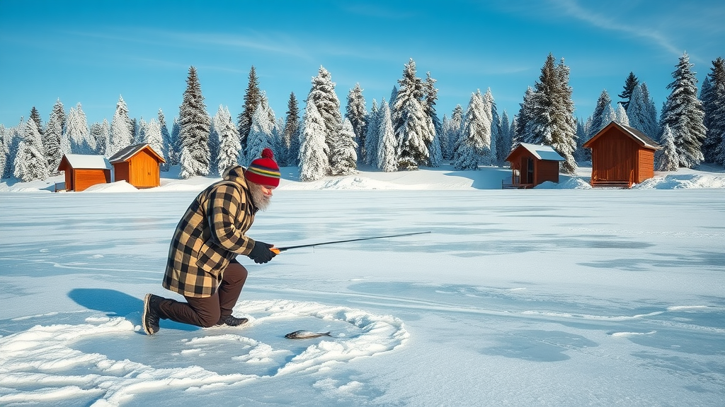 Frozen Minnesota lake with ice fishing huts, anglers, and snow-covered trees in cold winter sun