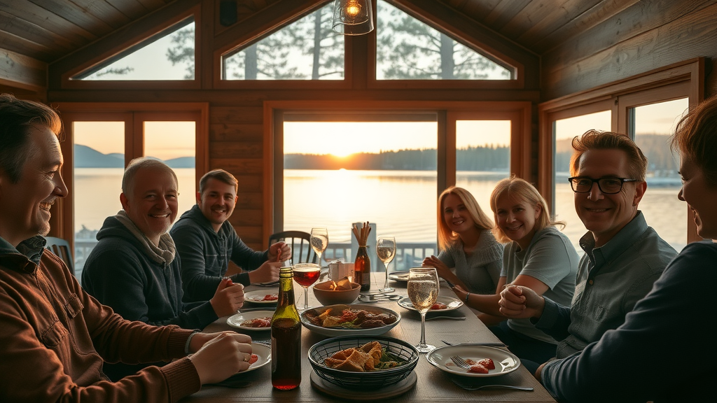 Cozy cabin interior with people enjoying local cuisine overlooking a lake at sunset in Minnesota